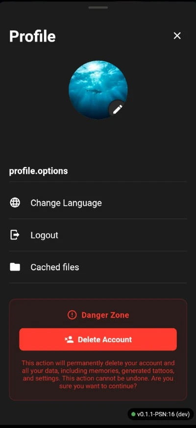 Profile screen with delete account option